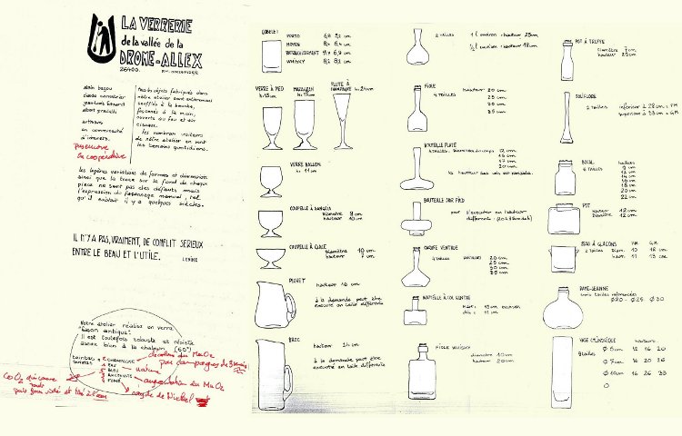 les productions traditionnelles de la Verrerie d'Allex en verre bullé : un catalogue de formes déclinées en plusieurs tailles et plusieurs couleurs permettant les réassortiments