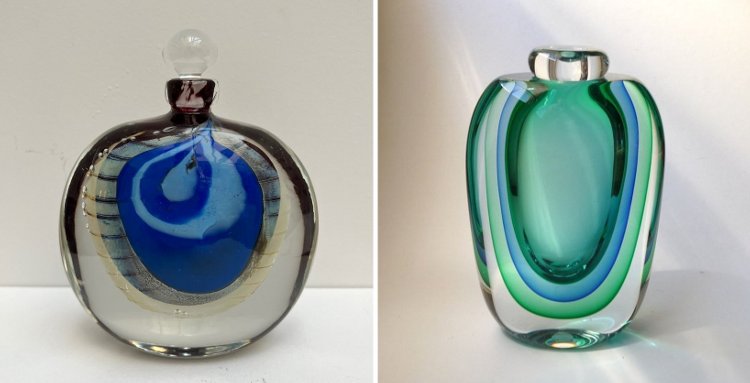 Verrerie d'Allex (26) deux flacons attribués à Hervé Raspail à gauche et à Eric Laurent à droite avec de magnifiques overlays