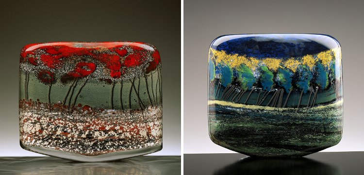 Verrerie Begou à Villetelle (34) fiasques décorées avec des poudres par Marisa et soufflées par Alain et Marisa en 1992