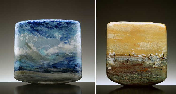 Verrerie Begou à Villetelle (34) fiasques décorées avec des poudres par Marisa et soufflées par Alain et Marisa en 1993