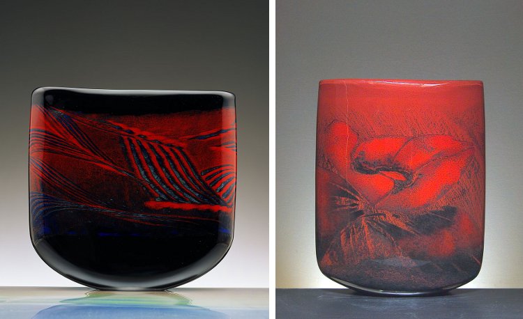 Verrerie Begou à Villetelle (34) fiasques rouges décorées avec des poudres par Marisa et soufflées par Alain et Marisa en 1995 et 2005