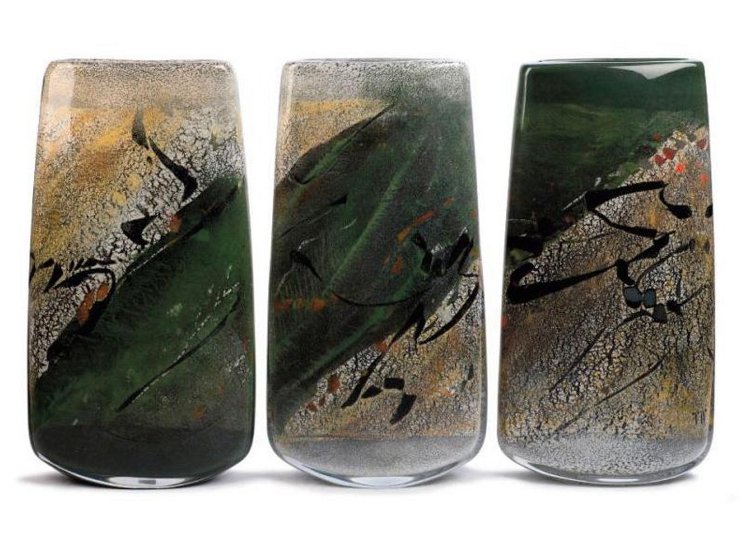 Verrerie Begou à Villetelle (34) trois fiasques décorées avec des poudres par Marisa et soufflées par Alain