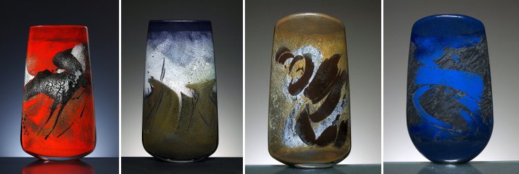 Verrerie Begou à Villetelle (34) fiasques décorées avec des poudres par Marisa et soufflées par Alain et Marisa de 2002 à 2006