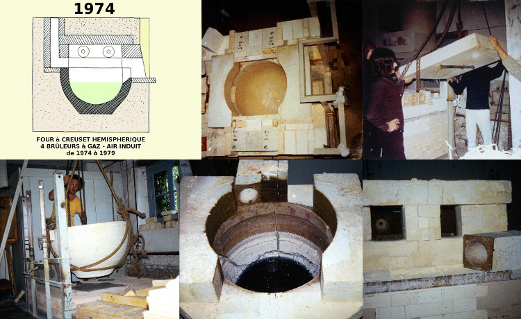 Verrerie Le Pontil - Dieulefit (26) le four de fusion à bassin hémisphérique en usage de 1974 à 1979 avec 4 brûleurs à air induit et flamme directe