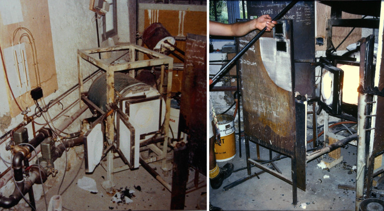 Verrerie Le Pontil - Dieulefit (26) le Glory Hole : en haut à gauche l'équilibrage des pressions d'air et de gaz, en haut à droite le préchauffage du pontil-métal et des ferrets, au milieu les différentes portes ouvertes en fibres de céramique réfractaire