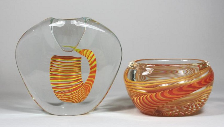 Verrerie Le Pontil - Dieulefit (26) fiasque et coupe au décor Spirale de Claude Morin en 1987