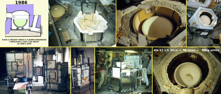 Verrerie Le Pontil - Dieulefit (26) mis au point par Nicolas Morin, le four de fusion à creuset mince hémisphérique en usage de 1986 à 2006 avec 3 brûleurs à air induit et flamme renversée