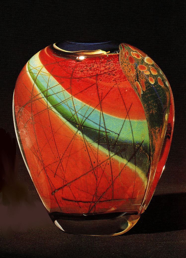 Nicolas Morin - Verrerie Le Pontil à Dieulefit (26) Vase à la panse rouge de 1988 au décor déroulé/ré-enroulé avec graphisme de fils de verre