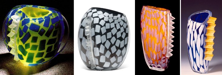 Nicolas Morin - Verrerie Le Pontil à Dieulefit (26) trois Vases Croco à gauche (1991) et Vase Zig-Zag (1993) à droite