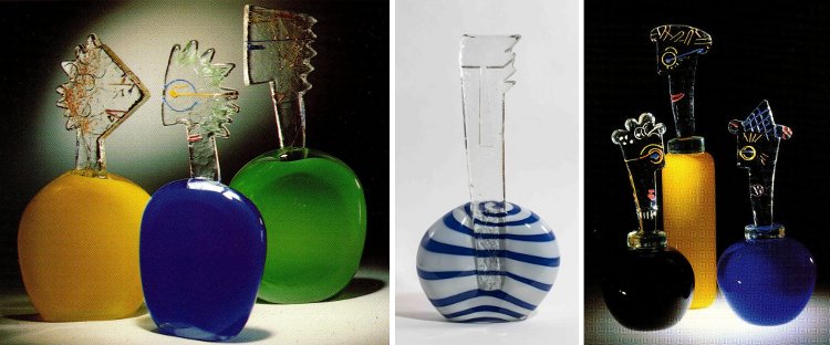 Nicolas Morin + Catherine Sintès - Verrerie Le Pontil à Dieulefit (26) quatre sculptures de bustes de 1997 à gauche et trois flacons en 1997