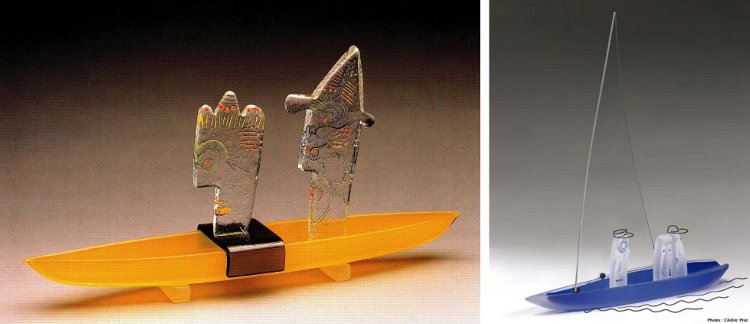 Nicolas Morin + Catherine Sintès - Verrerie Le Pontil à Dieulefit (26) Grande Barque de 2001 à gauche et Le Défi suisse Alinghi en 2004