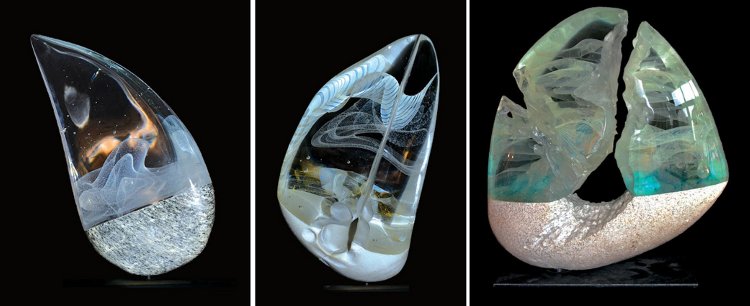 Verrerie d'Eric Laurent à Montoison (26) trois sculptures Pierre et Verre d'Eric Laurent dans les années 2000