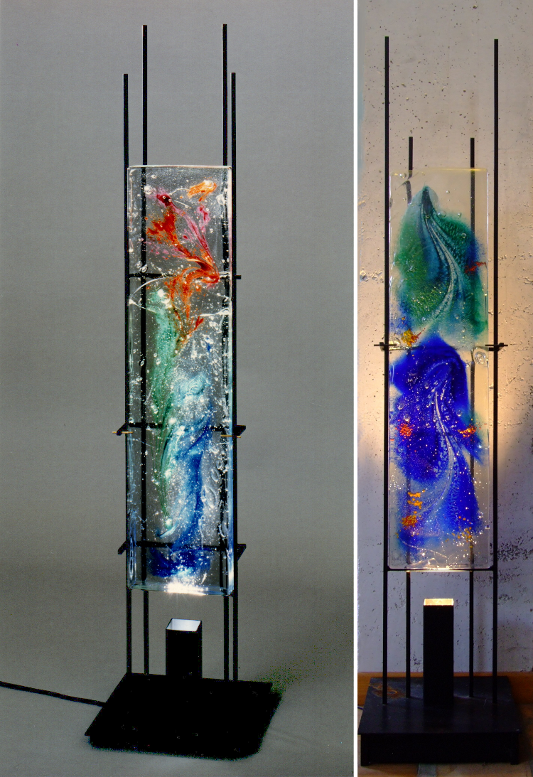 Verrerie Le Pontil - Dieulefit (26) par Frédéric Morin en 1993 à gauche (ekta Marcel Carmassi) et à droite en 1998, bloc 20x80x5cm=25kg, socle 30x30x h=140cm