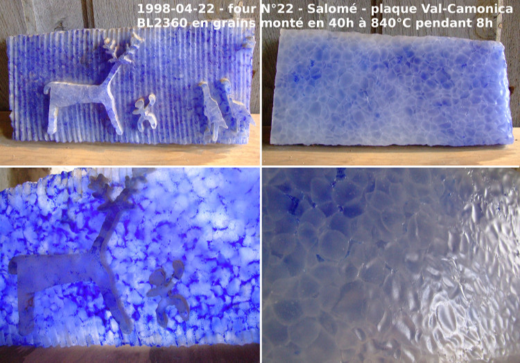 Verre-en-Forme à Montoison (26) par Salomé : à droite l'arrière, à gauche le devant de la plaque « Val Camonica » de 1998 cuite à 840°C en montée rapide : chaque grain de verre est cristallisés en sa périphérie