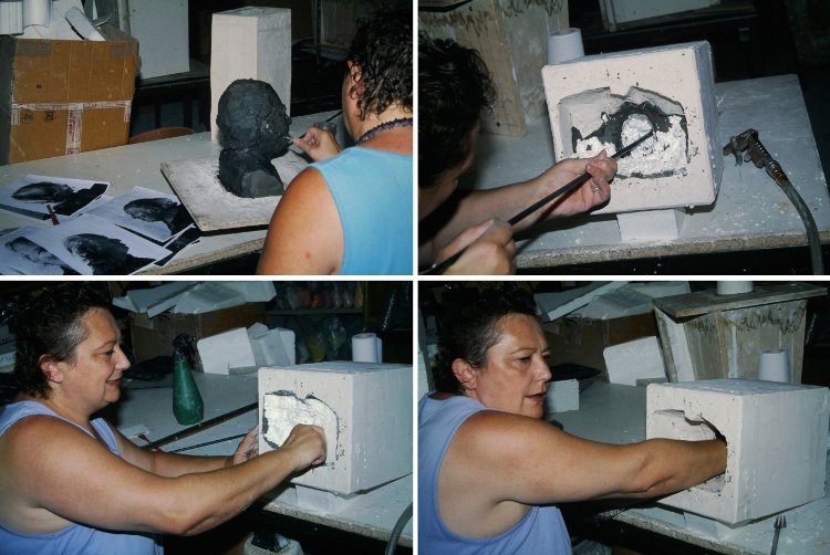 Verre-en-Forme à Montoison (26) par Frédéric Morin et Salomé : modelage puis préparation du moule réfractaire du buste de Claude Morin en 2003