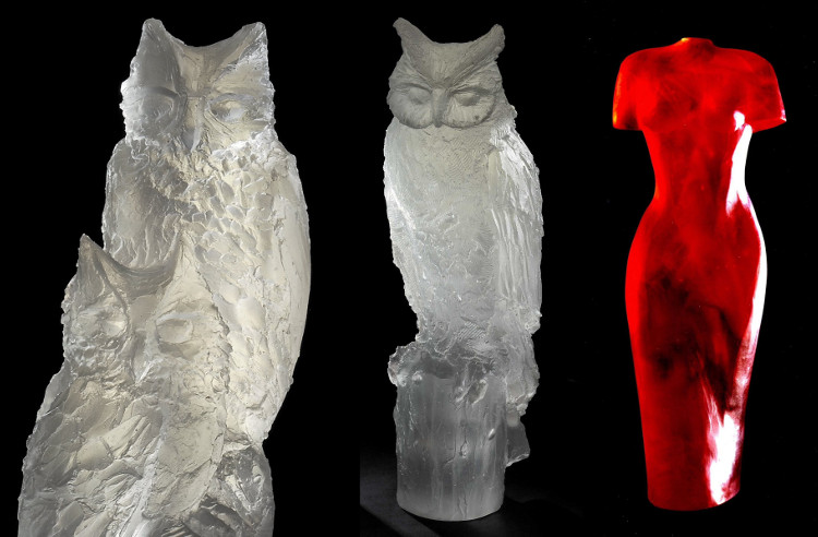 Verre-en-Forme à Montoison (26) par Frédéric Morin et Salomé : deux sculptures « Grands-Ducs » de Salomé en 2002 et « Isis » de Frédéric Morin en 2001