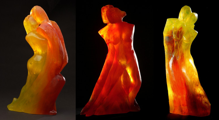 Verre-en-Forme à Montoison (26) par Frédéric Morin et Salomé : « Tango I » (h=54cm) de 2001 + « Tango II » (h=54cm) de 2002 + « Flamenco » (h=63cm) de 2004 - ekta Cédric Prat