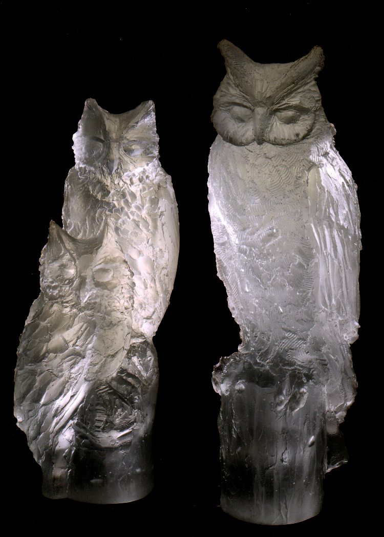 Verre-en-Forme à Montoison (26) par Salomé : couple de Grands-Ducs h=54cm pour 28kg et Grand-Duc h=64cm pour 38kg en verre optique Corning