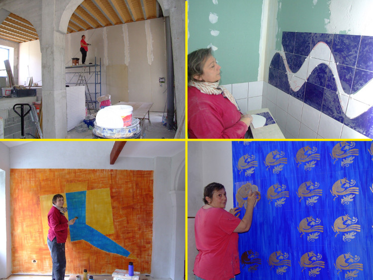 Frédéric Morin et Salomé à Saillans (26) : Salomé à l'oeuvre au placo, copiant Matisse au carrelage, copiant un Picasso et une tenture du Camp du Drap d'Or de François 1er