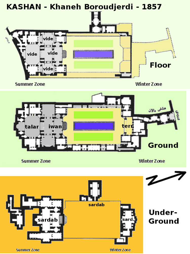 architecture bioclimatique = fluidité des espaces entre dedans et dehors : Kashan maison Borujerdi par Maryam vers 1857 - plan des trois niveaux : étage, rez-de-chaussée et sous-sol