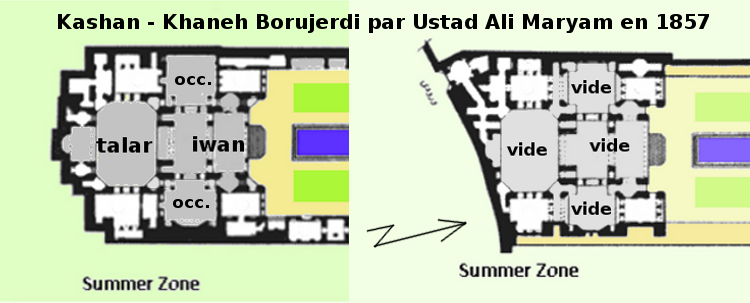 architecture bioclimatique = fluidité des espaces entre dedans et dehors : Kashan maison Borujerdi par Maryam vers 1857 - plans du rez-de-chaussée et de l'étage du hall d'apparat