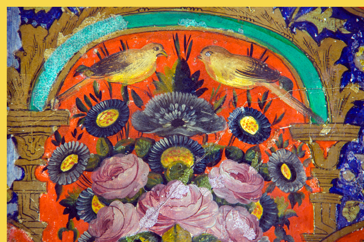 architecture bioclimatique = fluidité des espaces entre dedans et dehors : Kashan maison Borujerdi par Maryam vers 1857 - décor peint