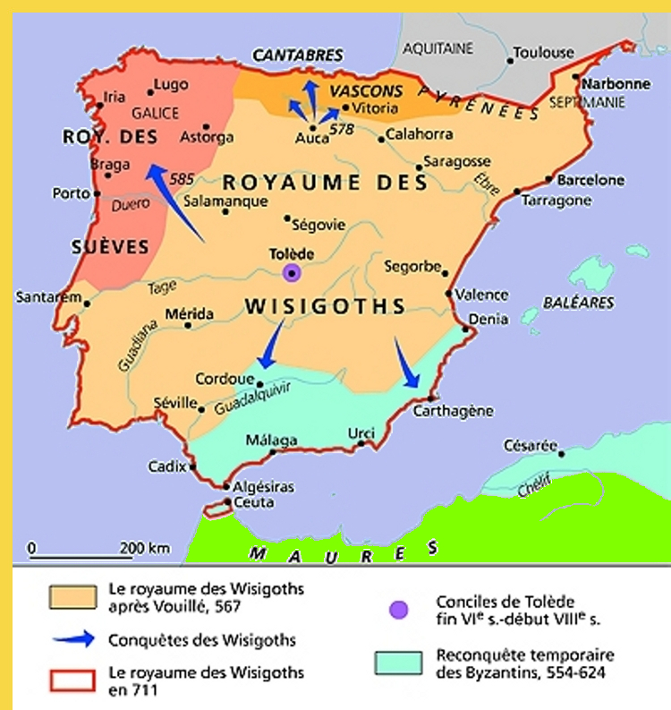 l'Espagne wisigothique au VIe s. soit avant l'arrivée des musulmans
