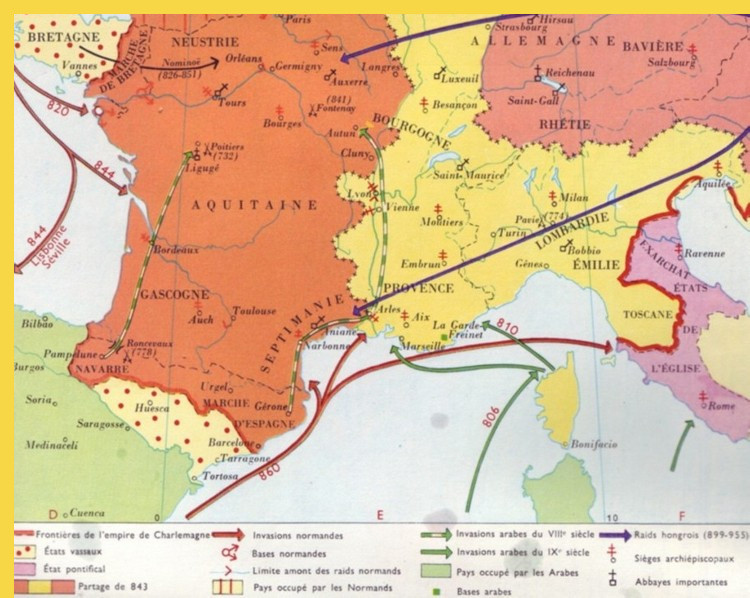 autour du Traité de Verdun partageant l'Empire de Charlemagne en 843 : invasions arabo-normandes
