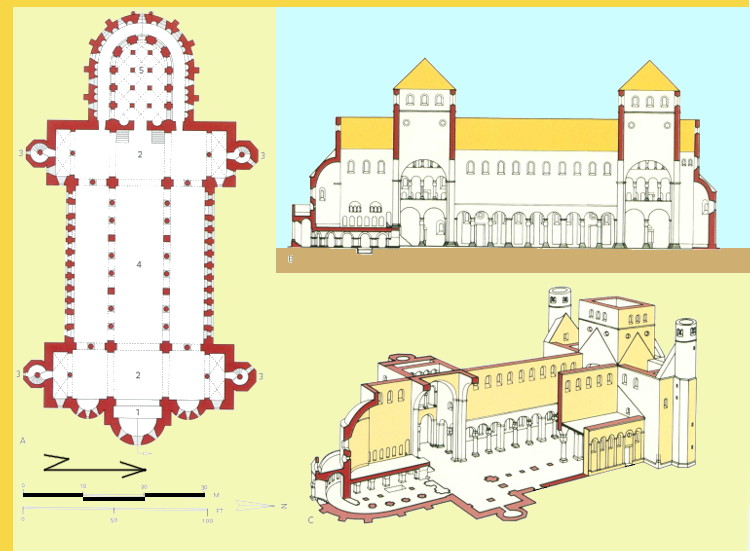 architecture carolingienne - Hildesheim (D) église carolingienne Saint-Michaël vers 1010 - plans et sections générales