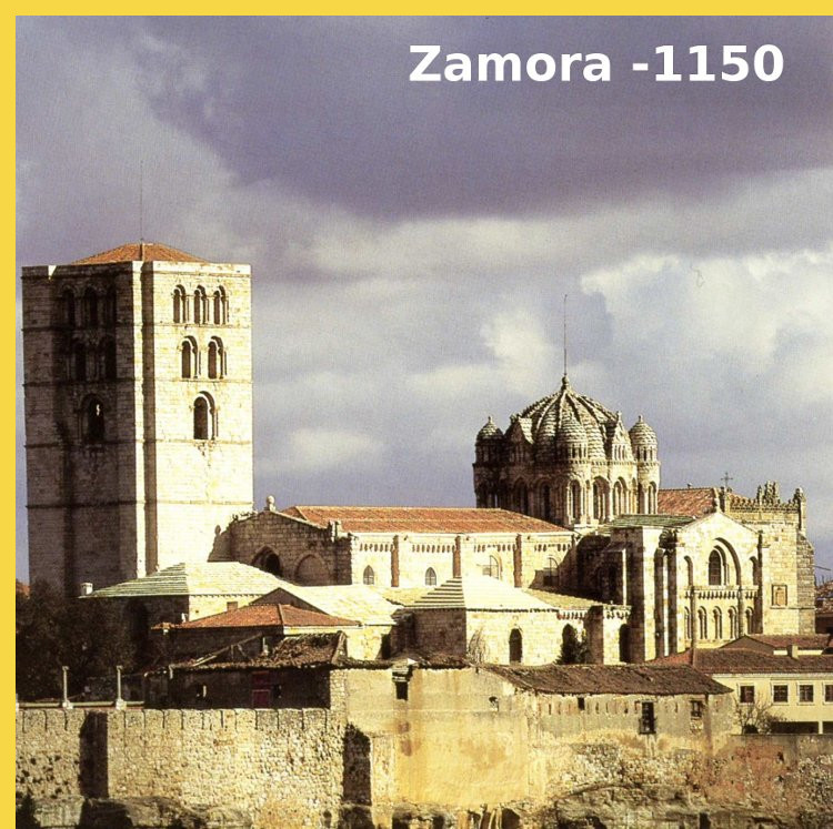 architecture romane - Zamora (E) cathédrale XIIe s. - à la croisée de transept, coupole sur tambour à côtes extérieures et sur pendentifs intérieurs
