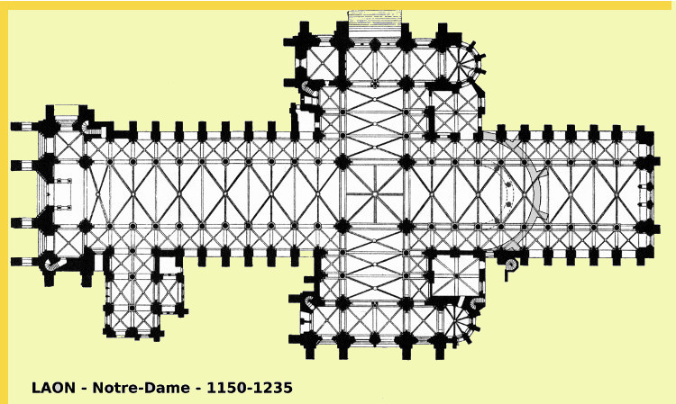 architecture gothique primitive - Laon (02) Notre-Dame 1155 → 1235 - plan d'ensemble avec l'agrandissement du choeur → chevet plat