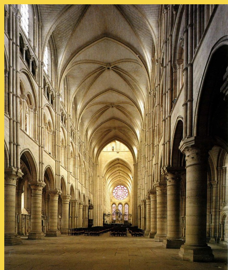 architecture gothique primitive - Laon (02) Notre-Dame 1155 → 1235 - vue générale de la nef montrant l'alternance des piles fortes et des piles faibles liée aux voûtes sexpartites