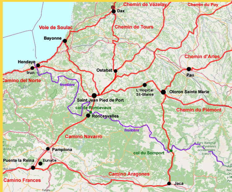 Les différents chemins de passage des Pyrénées par l'Ouest