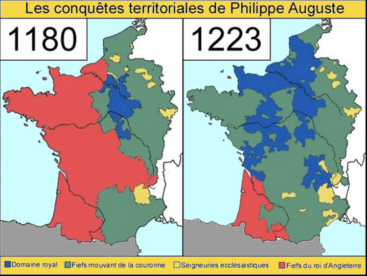 Les territoires de la France et de l'Angleterre sous Philippe Auguste de 1180 à 1223