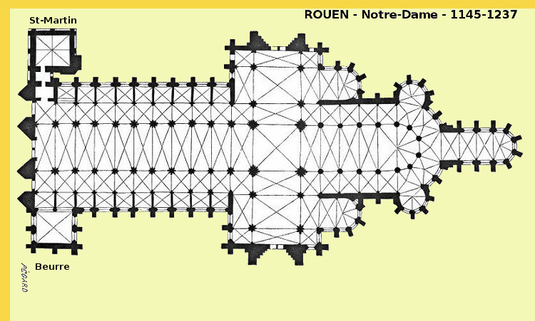 architecture gothique primitive - Rouen (76) Notre-Dame IVe s. + 1030 → 1063 + 1145 → 1237 - plan général