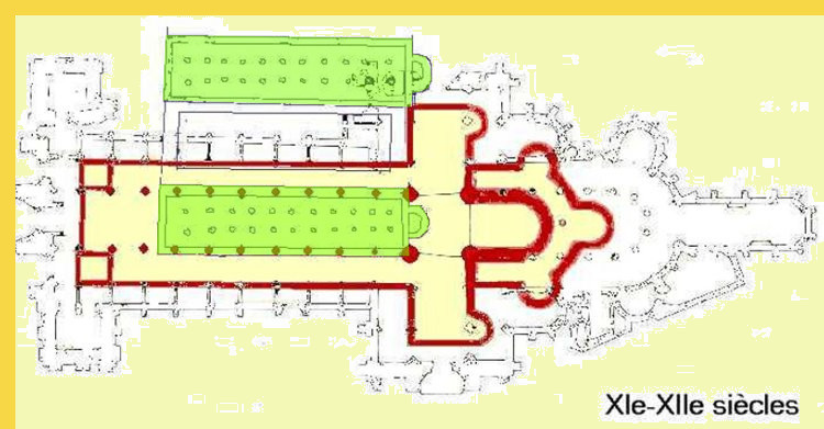 architecture gothique primitive - Rouen (76) Notre-Dame IVe s. + 1030 → 1063 + 1145 → 1237 - plans depuis le IVe siècle avec sa double-église, l'une pour les femmes et l'autre pour les hommes