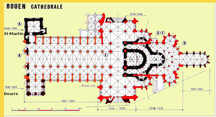 architecture gothique primitive - Rouen (76) Notre-Dame IVe s. + 1030 → 1063 + 1145 → 1237 - plan Philippe Gavet de la cathédrale gothique en rouge sur les structure romanes en noir