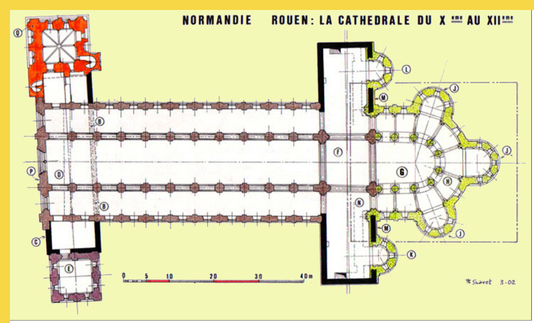architecture gothique primitive - Rouen (76) Notre-Dame IVe s. + 1030 → 1063 + 1145 → 1237 - plan Philippe Gavet de la cathédrale de l'archevêque Maurille (1063) : construction du transept occidental de 960 à 980 par le duc Richard 1er en noir, complété par la nef à 9 travées de l'archevêque Robert de Normandie en 1030 achevée par Maurille en 1060 en brun, chevet rayonnant en vert vers 1050-1070
