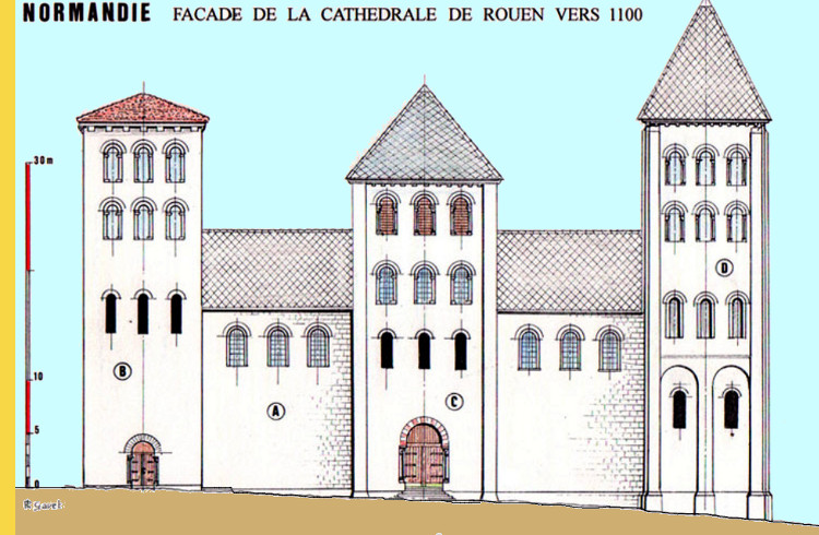 architecture gothique primitive - Rouen (76) Notre-Dame IVe s. + 1030 → 1063 + 1145 → 1237 - façade occidentale Philippe Gavet de la cathédrale de l'archevêque Maurille (1063) : construction du transept occidental de 960 à 980 par le duc Richard 1er, complété par la nef à 9 travées de l'archevêque Robert de Normandie en 1030 achevée par Maurille en 1060, chevet rayonnant vers 1050-1070