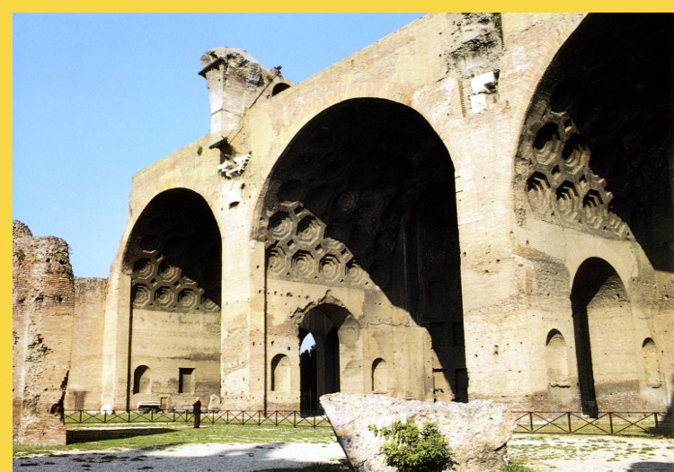 modèle de l'architecture paléochrétienne = Rome (It) basilique civile de Constantin vers 312 AD  (salle principale = 78m x 26 x h=35m) : le personnage donne l'échelle de la gigantesque nef détruite