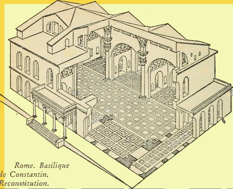 modèle de l'architecture paléochrétienne = Rome (It) basilique civile de Constantin vers 312 AD  (salle principale = 78m x 26 x h=35m)