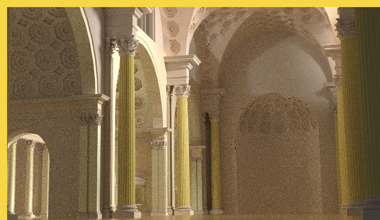 modèle de l'architecture paléochrétienne = Rome (It) basilique civile de Constantin vers 312 AD - reconstitution numérique de la salle principale h=35m - sur le côté sont les vestiges subsistants