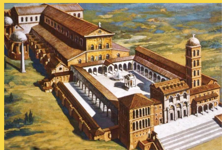 première architecture chrétienne - Rome : Basilique Vaticane Saint-Pierre de 327 à 337 - reconstitution vue d'artiste