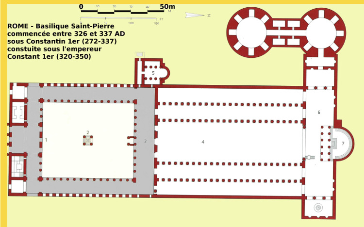 première architecture chrétienne - Rome : Basilique Vaticane Saint-Pierre de 327 à 337 - plan d'ensemble