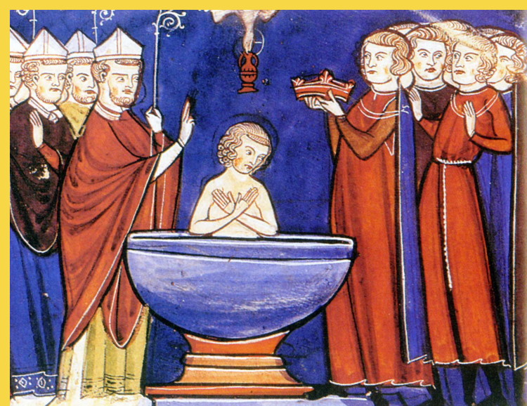 Reims (51) : le baptême de Clovis en 496 par l'évêque Rémi - manuscript du 13e siècle