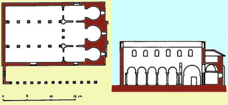 architecture carolingienne mozarabe/mudejar - Leon (E) : Sant Miguel de Escalada vers 930 - plan + section longitudinale