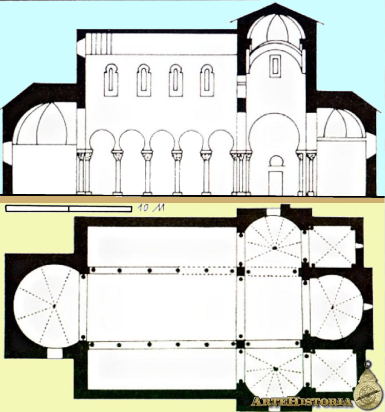 architecture carolingienne mozarabe/mudejar - Valladolid (E) San Cebrian de Mazote - église San Cipriano vers 950 - plan et section longitudinale