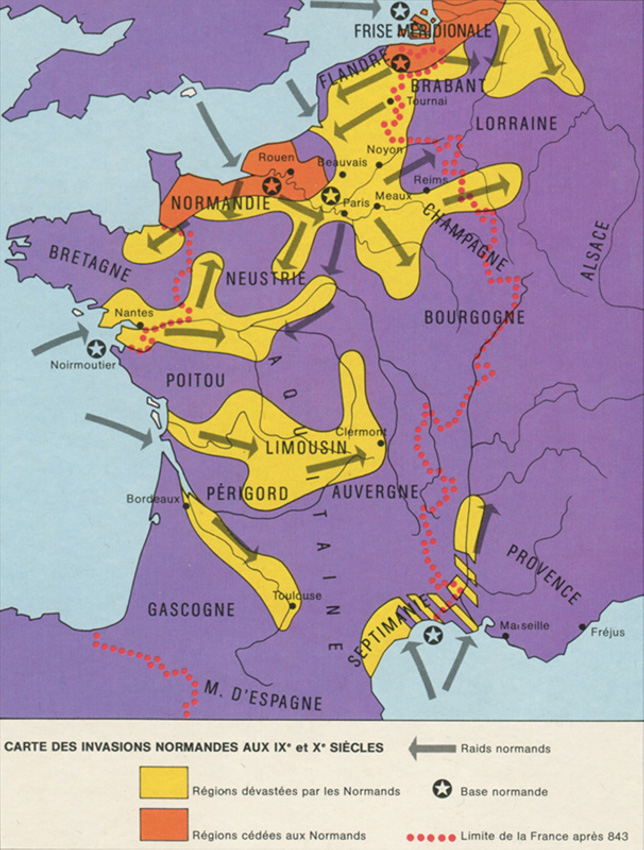 Les invasions normandes vers 950 ; les territoires qu'ils affligent et ceux qui leur ont été abandonnés