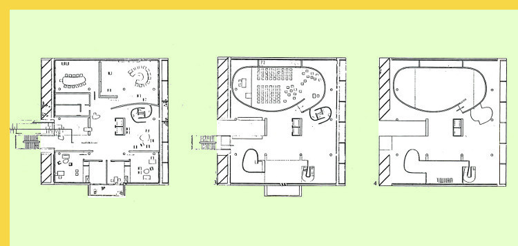 bioclimatique fluidite des espaces Maison des Filateurs (= Millowners) à Ahmedabad par Le Corbusier en 1956 - plans des 3 niveaux principaux