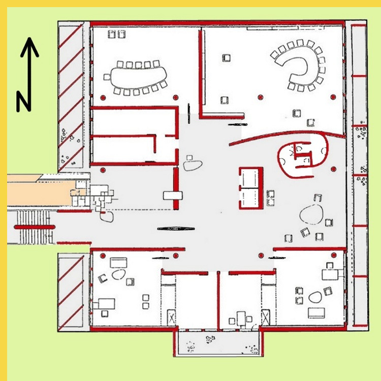 bioclimatique fluidite des espaces Maison des Filateurs (= Millowners) à Ahmedabad par Le Corbusier en 1956 - plan du premier étage des bureaux officiels